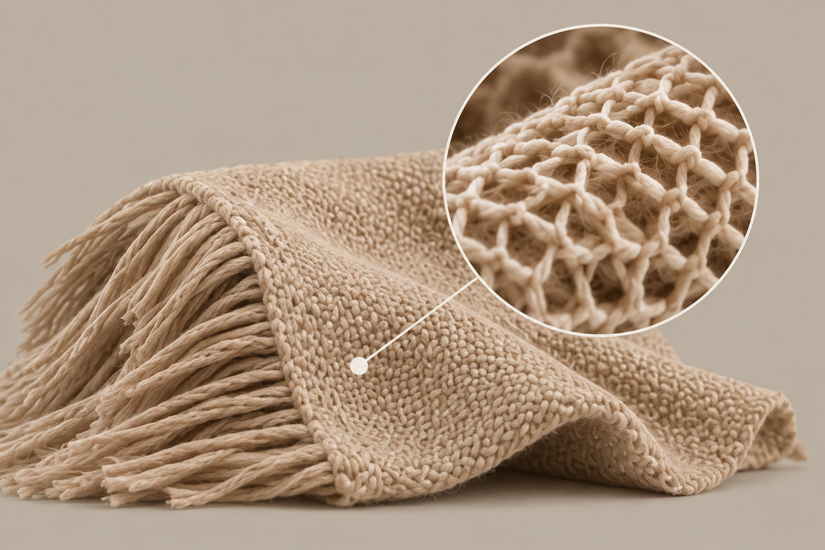 A fringed throw, with a magnified circle showing the open mesh of the Pima cotton tube