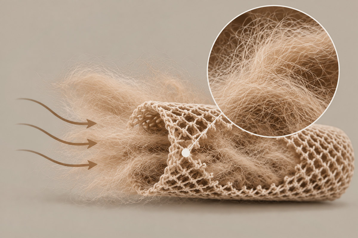 Air carrying baby alpaca fibre into the knitted tube, with a magnified circle on the fibres